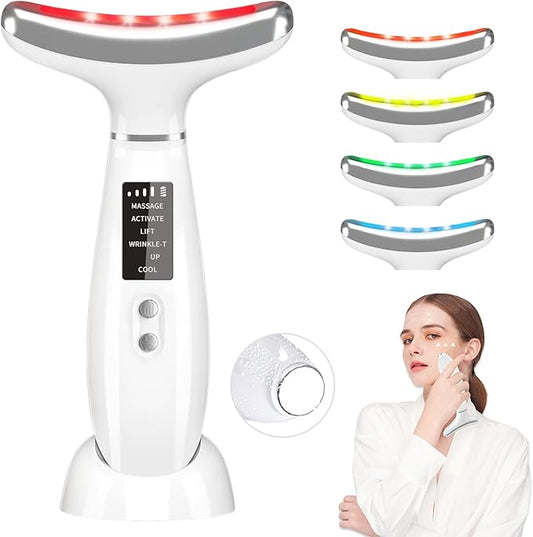 Neck Face Massager, 4 Color LED Facial Massager with Micro-Current Vibration Facial Cold and Hot Service for Wrinkles, Double Chin, Multifunctional Facial Light Therapy Device for Skin Care at Home