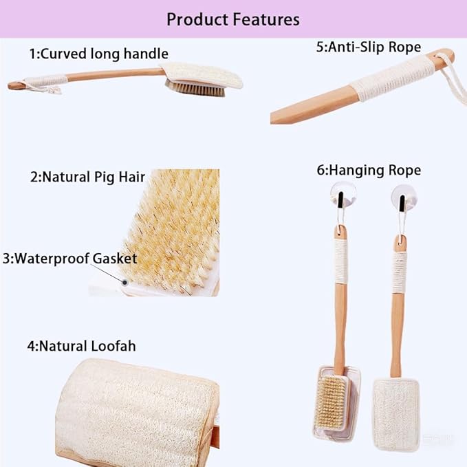 Shower Body Brush with Bristles and Loofah,Back Scrubber for Shower for Bath or Dry Brush,Back exfoliating Body Scrubber Shower Scrub Brush Long Handle for Women and Men