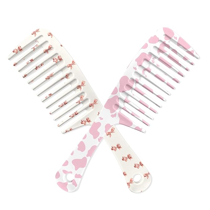 2PCS Wide Tooth Comb,Effortless Tangle Removal for Long Hair Styling Comb for Curly,Wet,Cute Aesthetic Design for Women Men and Girls(Pink-Cow Bow-02)