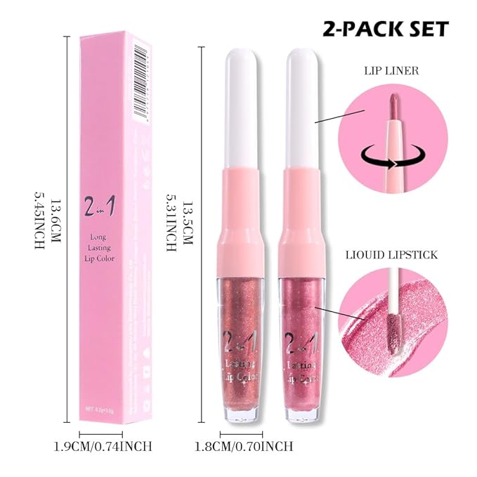 evpct 2Pcs Pink Red Hot Pink Metallic Glitter Lip Liner and Lipstick Combo, Shimmery Lip Gloss Stain Set Makeup for Women Long Lasting Waterproof 24, Metallic Shimmer Iridescent Glossy Liquid Lipstick