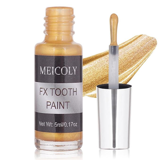 MEICOLY Gold Tooth Paint,Rotten Decayed Cruddy Missing Teeth Makeup,Professional Cosplay Teeth,Temporary Teeth Paint for Halloween SFX Special Effects Makeup,Dry Fast,Safe for Mouth,Long Lasting