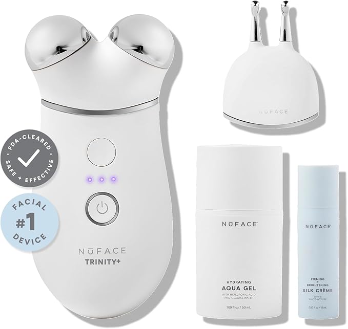 NuFACE Trinity+ Microcurrent Facial Device + Effective Lip & Eye Attachment - FDA Cleared Skin Tightening & Face Toning Device for Targeted Treatment + Microcurrent Gel Activator, Silk Crème & Brush