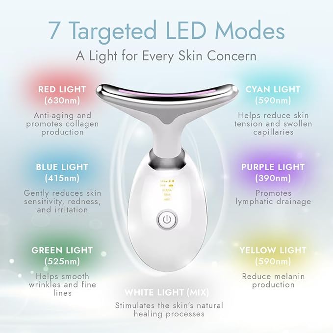 LuxeSkin 7 Color LED Red Light Therapy Facial Massager for Face and Neck, Electric Facial Tool for Skin Care with Vibration, Warm Mode & Travel Bag