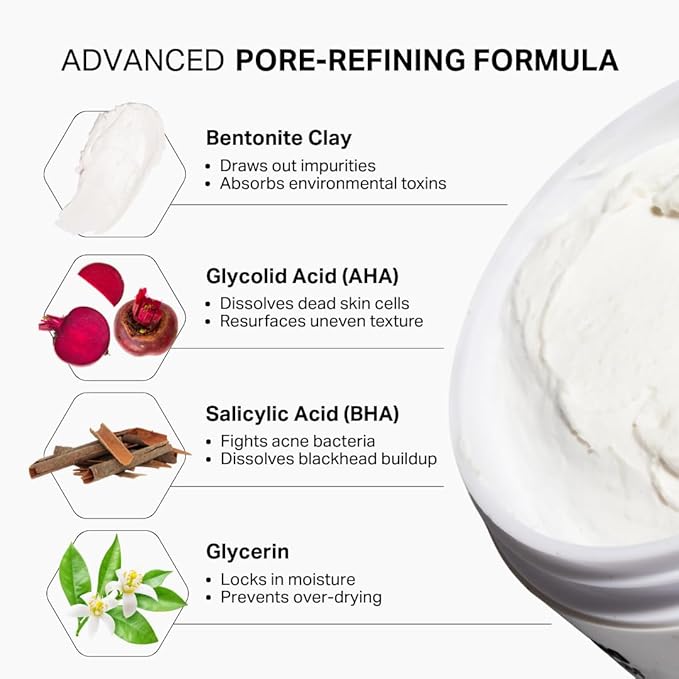 Y’OUR Purifying Detox Face Mask: Blackhead, Whitehead & Pore Remover; Anti-Acne & Pimple Care; Cleansing & Exfoliating for Hydrating & Glowing Skin; With Salicylic Acid & Bentonite Clay. Made in USA