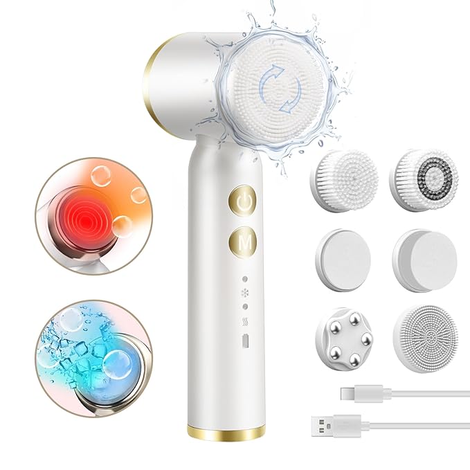 Landmore Facial Cleansing Brush, 8 in 1 Spin Face Wash Brush Rechargable Waterproof Face Scrubber with 6 Brush Heads, 3 Speeds for Deep Cleansing, Exfoliator, Thermal & Cold Massager Skin Care, White