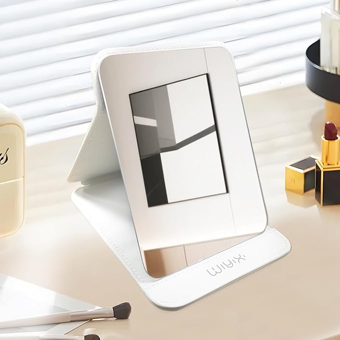 Foldable Travel Makeup Mirror, Adjustable Angle Portable Standing Vanity Mirror, Compact PU Leather Design for Home/Camping/Desktop Use,Elegant White(8.4"x6")