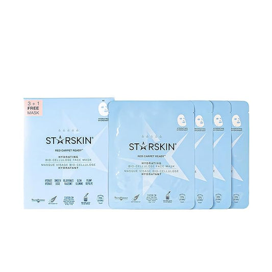 STARSKIN Red Carpet Ready Bio-Cellulose Face Mask – 4 Pack, Hydrating Face Mask for all Skin Types, Instant Hydration & Glass-Skin Glow, Revitalizing and Moisturizing, Korean Skincare