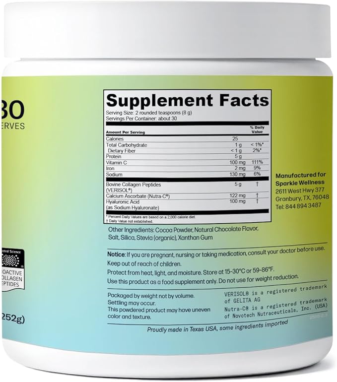 Sparkle Wellness VERISOL Bioactive Hydrolyzed Collagen Peptides | Collagen Powder Supplement with Vitamin C & Hyaluronic Acid for Hair, Skin, and Nail Health | Skin Boost Plus (Chocolate) [30-Serves]