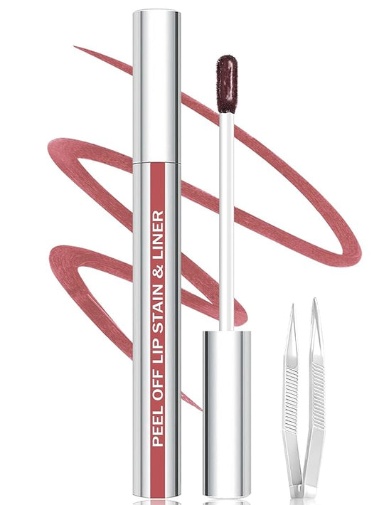 Lip Liner Stain Peel Off with Tweezer, Long Lasting Matte Lip Tattoo, Highly Pigmented Color Lip Makeup, Waterproof, Transfer-proof Lipstain for Women, WARM ROSE