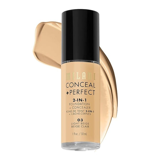 Milani Conceal + Perfect Liquid Foundation - Light Beige, 1 Fl. Oz. Cruelty-Free, Water-Resistant, Oil-Free, Medium-To-Full Coverage, Satin Matte Finish