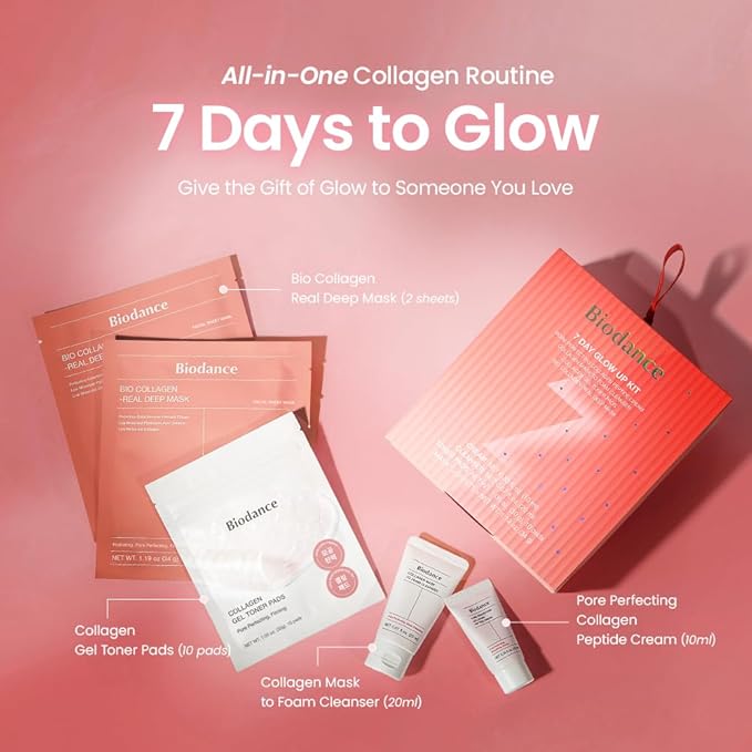 BIODANCE 7 Day Glow Up Kit: Collagen Gift Set for Glass-Skin, Korean Skin Care with Mask to Foam Cleanser, Toner Pads, Moisturizer, Gel Masks, Valentines Day Gifts for Her, Skin Care Set