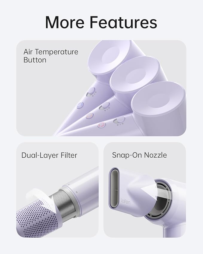 Laifen SE Lite Hair Dryer, Negative Ionic Blow Dryer with 100,000 RPM Brushless Motor for Fast Drying, High-Speed Low Noise Thermo-Control Hair Dryer with Lightweight Design and 2 Nozzles