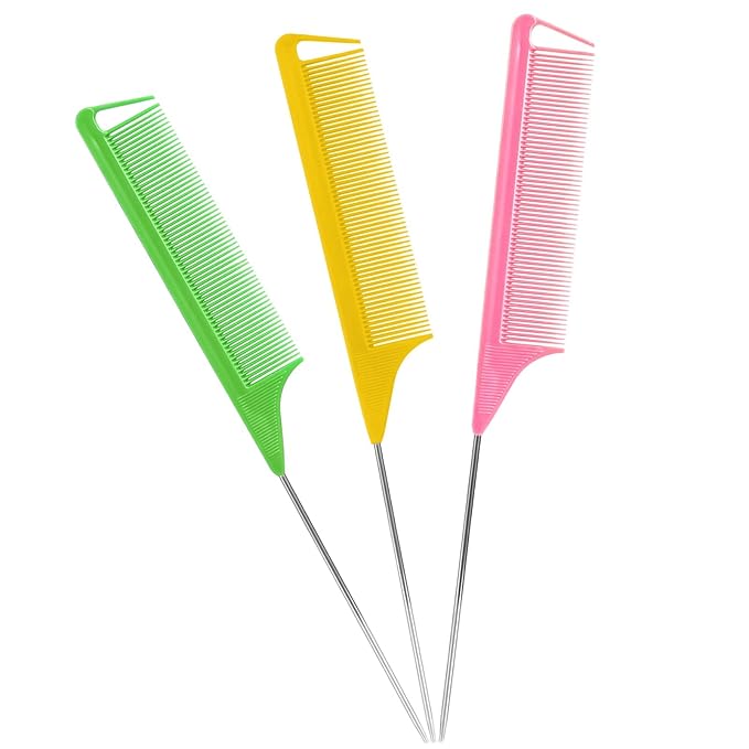 Rat Tail Combs Set: 3Pcs Long Steel Pin Teasing Combs for Salon Hair Stylists, Metal Parting Comb for Women(Green，Yellow，Pink)