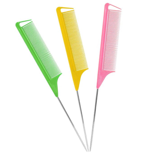 Rat Tail Combs Set: 3Pcs Long Steel Pin Teasing Combs for Salon Hair Stylists, Metal Parting Comb for Women(Green，Yellow，Pink)