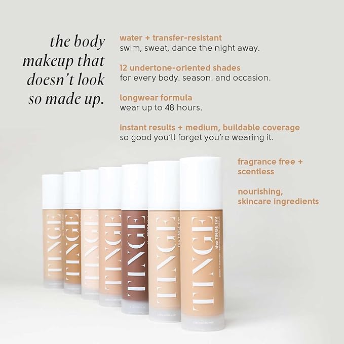 Tinge Tint Body Makeup, Lasts Up to 48 Hours, Medium Coverage Cream With Amino Acids, Hyaluronic Acid & Lysine, Semi Matte Finish, Water & Transfer Resistant, 3.38 Fl Oz - Tan Warm