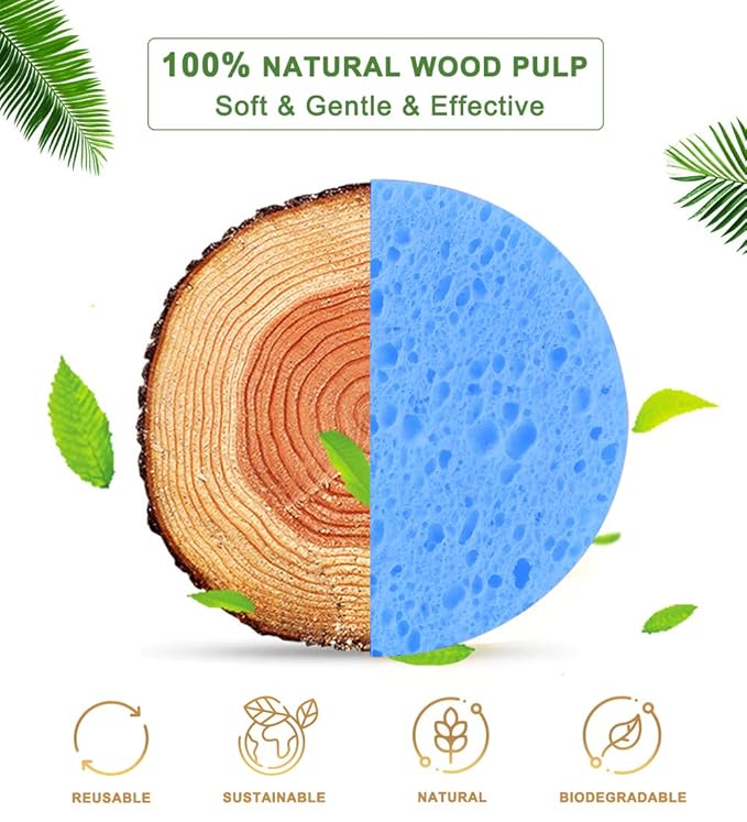 50-Count Compressed Facial Sponges for Daily Cleansing and Gentle Exfoliating, 100% Natural Cellulose Spa Sponge Perfect for Removing Dead Skin, Dirt and Makeup - Blue