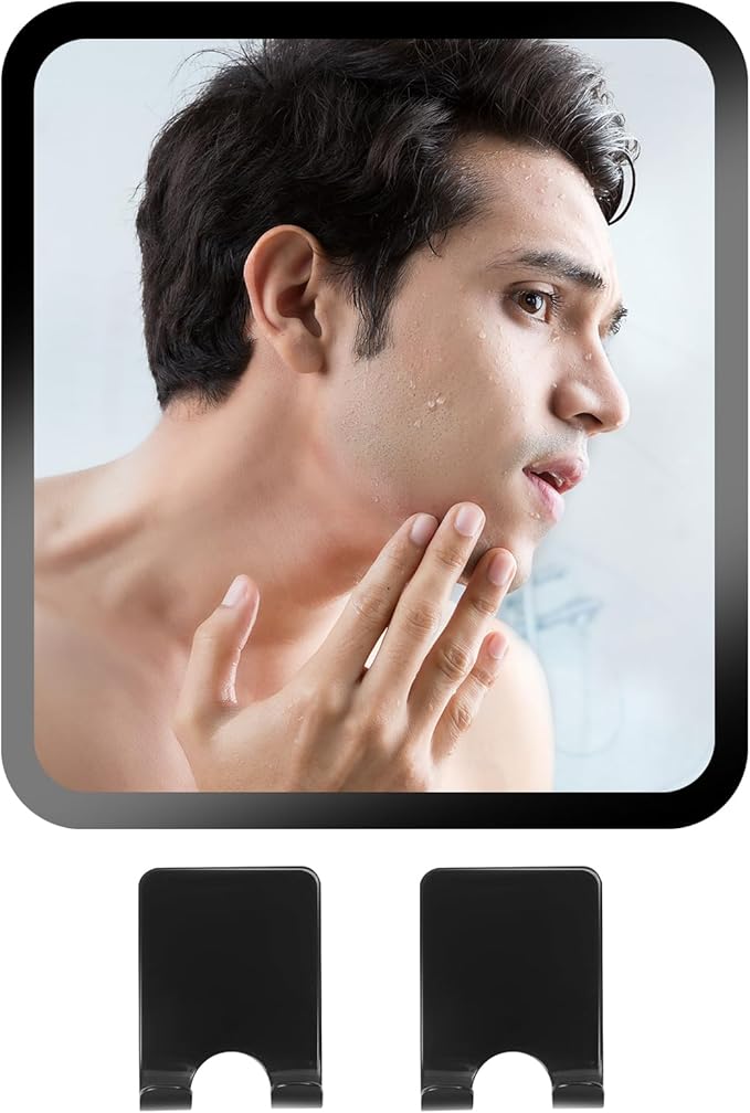 Shower Mirror Anti-Fog Shaving Mirror 7.7 * 6.9 Inch Anti-Fog Shower Mirror Swivel with 2 Razor Holders Bathroom Mirror Shower Accessories Bathroom Accessories. (Black)