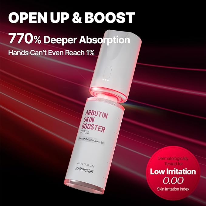MEDITHERAPY Arbutin Skin Booster Serum + Device 5.07 fl. oz - Korean Face Serum with 10% Niacinamide and 2% Arbutin - At Home Face Massager Tool for Radiant Glow Skin - Boosts Skin Absorption by 770%