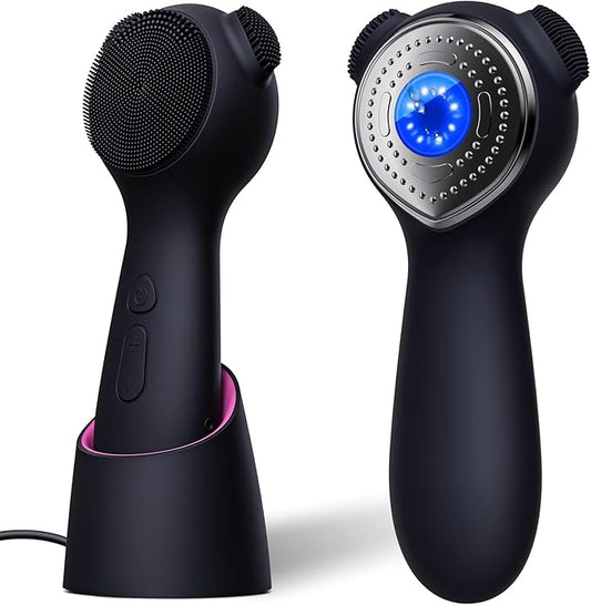 Silicone Face Scrubber Exfoliator Electric for Men Women, Rechargeable Facial Cleansing Brush with Wireless Charging Dock, Waterproof Sonic Vibrating Face Scrub Brush Cleanser for Exfoliating, Black