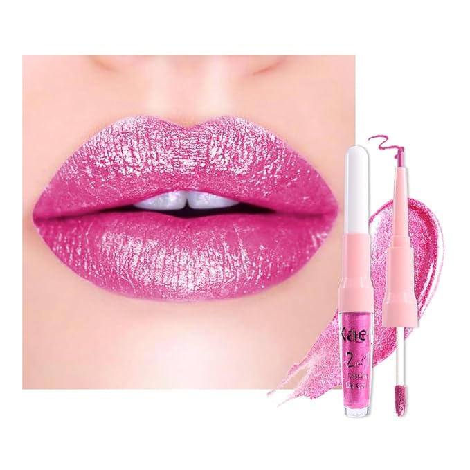 evpct Hot Pink Metallic Glitter Lip Liner and Lipstick Combo Lip Gloss Stain Set Makeup for Women Long Lasting Waterproof 24, Rose Pink Frosted Metallic Shimmer Glossy iridescent Liquid Lipstick 07