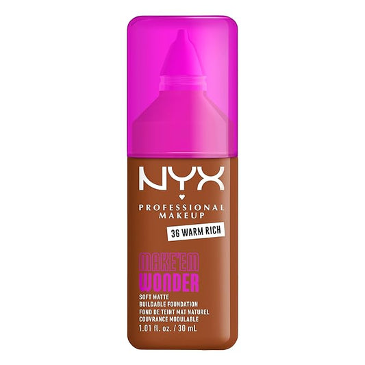 NYX PROFESSIONAL MAKEUP Make 'Em Wonder Liquid Foundation, 24HR Foundation Makeup With A Soft Matte Finish, Buildable Full Coverage - 36 Warm Rich