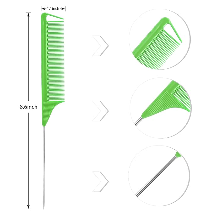 Rat Tail Combs Set: 3Pcs Long Steel Pin Teasing Combs for Salon Hair Stylists, Metal Parting Comb for Women(Green，Yellow，Pink)