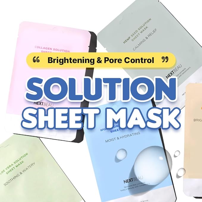 Solution Sheet Mask Variety Pack, 10 Count (5 Types x 2 Sheets), 0.74 fl oz Each, Korean Facial Sheet Masks for Daily Skincare
