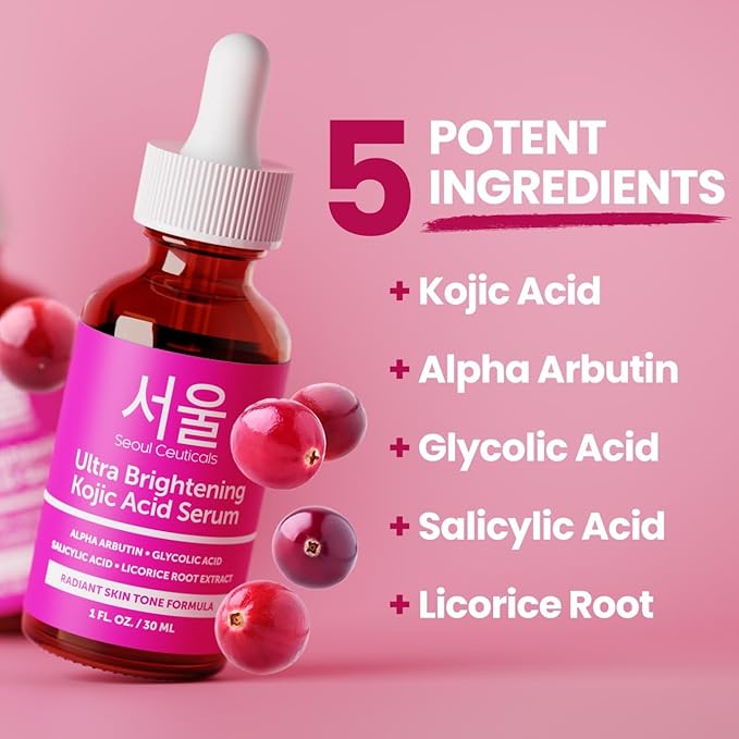 SeoulCeuticals Korean Skin Care Kojic Acid Serum Alpha Arbutin – Dark Spot Remover Corrector Glycolic Acid + Salicylic Acid K Beauty 1oz