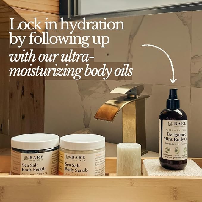 Bare Botanics Bergamot Mint Body Scrub 24oz | Made in Madison, WI | All Natural Sea Salt Exfoliator w/ Skin Loving Moisturizers | Vegan & Cruelty Free | Gift Ready Packaging w/ a Cute Wooden Spoon