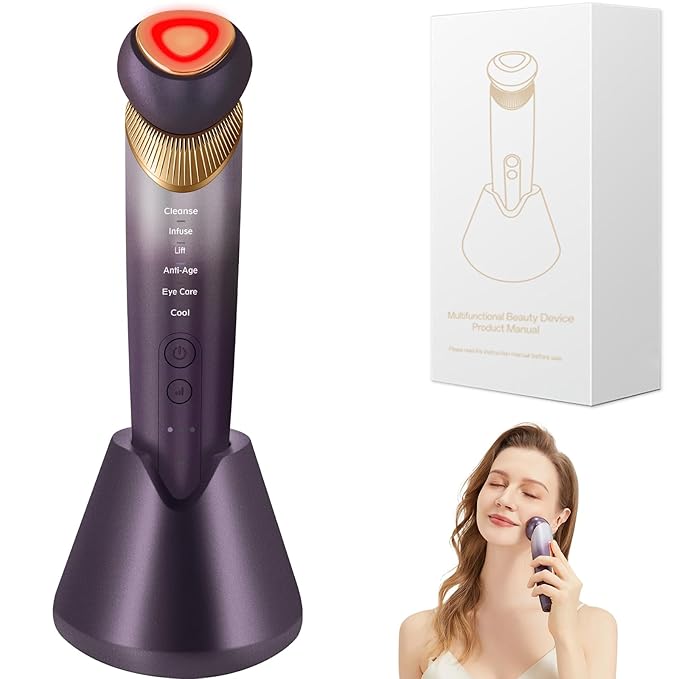 6-in-1 Age-Defying - Eye, Face & Neck Lift & Firm, 5-Color Light Therapy for Face with Microcurrent, Vibration, Heat & Cooling, Skin Care Tool for Youthful & Tightening Skin (Purple)