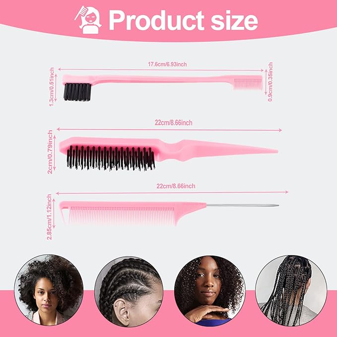 3 Pcs Slick Back Hair Brush, Rat Tail Comb, Edge | Bristle Brush, Hair Accessories for Girls, Kids, Toddlers Sleek Ponytail/Bun, Edge Control and Smoothing Baby Hair & Flyaways