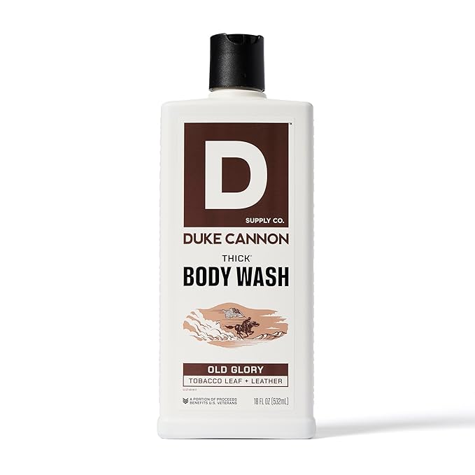 Duke Cannon Supply Co. Thick High Viscosity Body Wash – 3X Thicker, Cleansing Shower and Bath Gel, Mineral-Enriched for Men – Tobacco Leaf + Leather - Men’s Body Scrub – Old Glory Scent