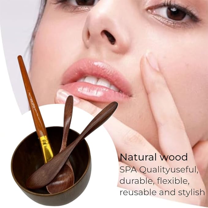 Face Mask Mixing Bowl Set Brown Wood,4 Pack Diy Facial Tools For Skin Care,Facemask Mixing Tool Kit With Facial Mask Bowl,Spatula,Spoon,Brush Applicator,Facial Esthetician Supplies