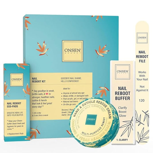 Onsen Secret Essential Nail Reboot Kit with Hand & Cuticle Rescue Cream | Buffer Block, Professional File, Replacement Pads and Repair Cream for Strong, Healthy, Shiny Natural Nails at Home