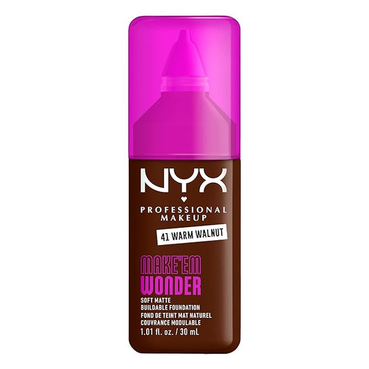 NYX PROFESSIONAL MAKEUP Make 'Em Wonder Liquid Foundation, 24HR Foundation Makeup With A Soft Matte Finish, Buildable Full Coverage - 41 Warm Walnut