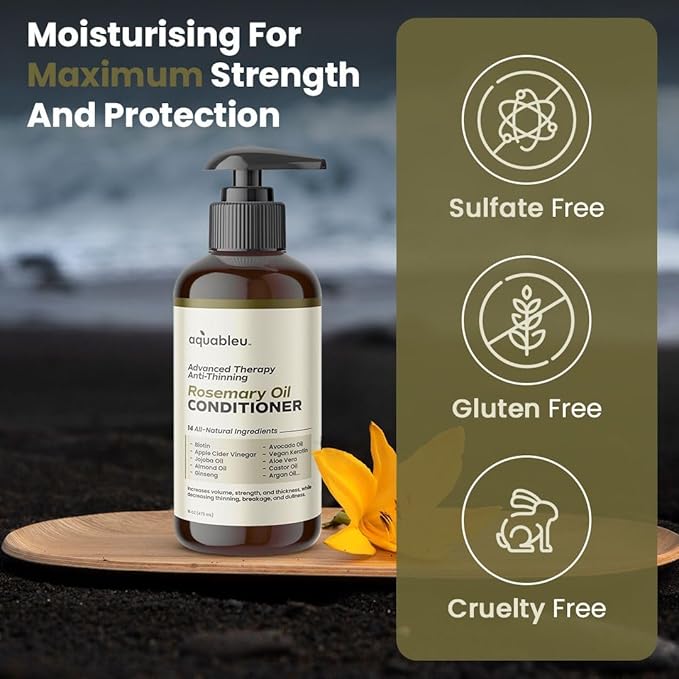 Aquableu Advanced Therapy Anti-Thinning Rosemary Oil Conditioner - Infused with 14 All-Natural Ingredients for Enhanced Volume, Strength, Thickness, and Nourishment (16oz)