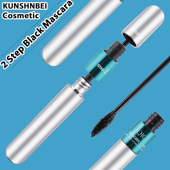 2 Pack 2 in 1 QIC Mascara, 5x Longer Washable Black Mascara, 4D Silk Fiber Lash 2 Step Mascara, No Clumping, Long-lasting Waterproof Mascara, Lash Cosmetics Beauty Eye Make up