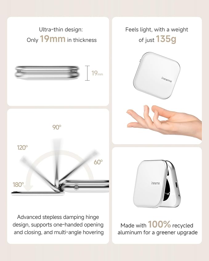 inewme UV Camera Mirror for Sunscreen Test, 3-Color LED Light with Real-Time UV & Humidity Sensor, Portable Travel Makeup Mirror, Compact Skin Care Tool