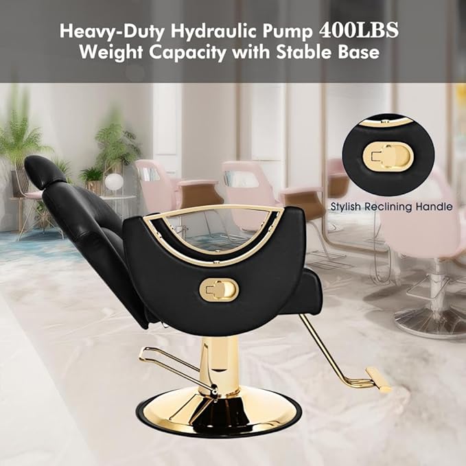 Artist hand Reclining Salon Chair Heavy Duty Barber Chair, Oversized Hydraulic Pump Hair Salon Chair 360 Degree Swivel for Hair Stylist, Beauty Spa Equipment Max Load 400 LBS, Black and Gold