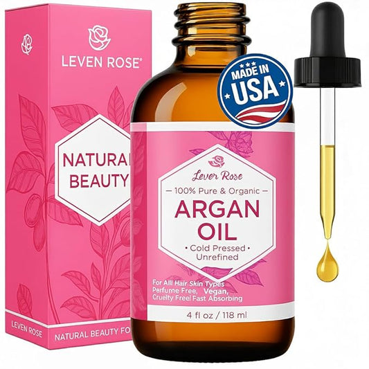 Leven Rose Organic Argan Oil for Hair, Face and Skin - 4 oz 100% Pure Moroccan Cold-Pressed Organic