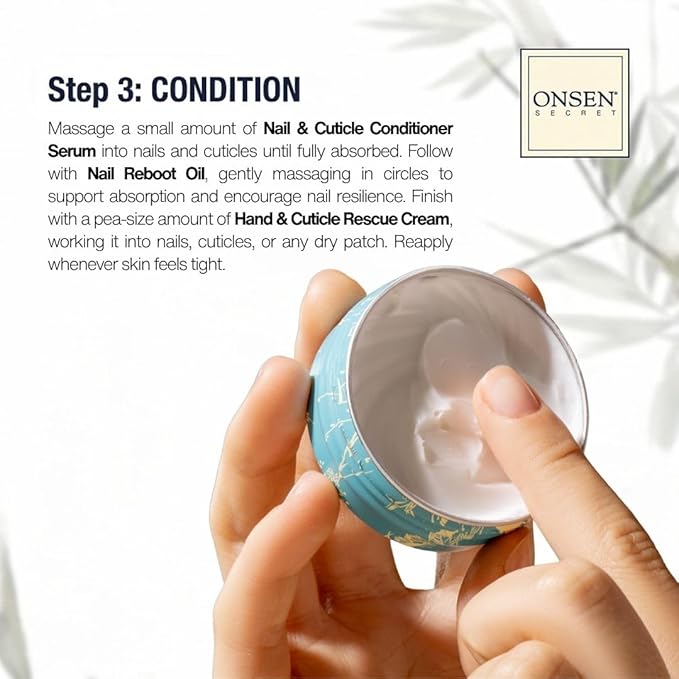 Onsen Secret Advance Rescue Nail Kit - Strengthening Nail Oil & Serum with Hand & Cuticle Rescue Cream - Tsubaki, Shea Butter, Jojoba - Hydrates, Repairs, and Restores