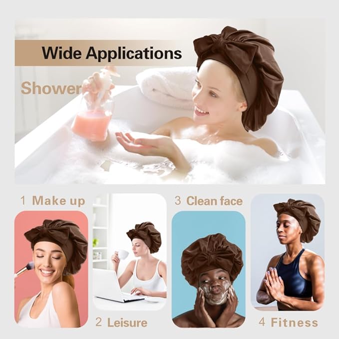 Silk Bonnet for Sleeping Women, Ajustable Hair Bonnet for Curly Hair with Tie Band Shower Caps Brown，Large