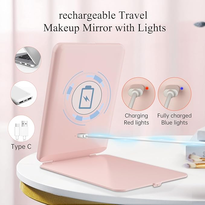 FUNTOUCH Rechargeable Travel Makeup Mirror with 72 Led Lights, Portable Lighted Makeup Mirror, 3 Color Lighting, Dimmable Touch Screen, Type C, Tabletop LED Folding Cosmetic Vanity Mirror (Pink)