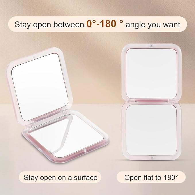 15x Magnifying Compact Mirror for Purses and Travel - Handheld 2 Sided 15x/1x Makeup Mirror - Slim Pocket Mirror, Portable & Foldable Square 3.3” x 3.3” (Pink)