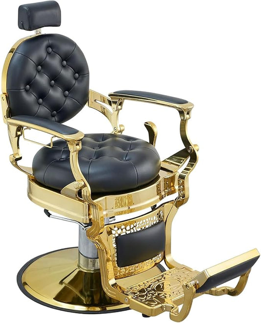 Heavy Duty Barber Chair 700LBS Capacity, Reclining 93°-160° Hydraulic Swivel Salon Chair with Adjustable Headrest & Flip Footrest, Ergonomic Faux Leather for Salon,Tattoo,Spa（Noble Gold）
