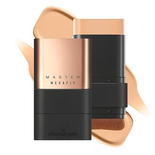 Mega Fit Master Glow Stick Foundation with Brush, 120H Long Lasting Radiant Coverage, All-in-One Stick for Easy Application, K-Beauty, Shade 23, 0.56oz (2.5W Tan Beige)
