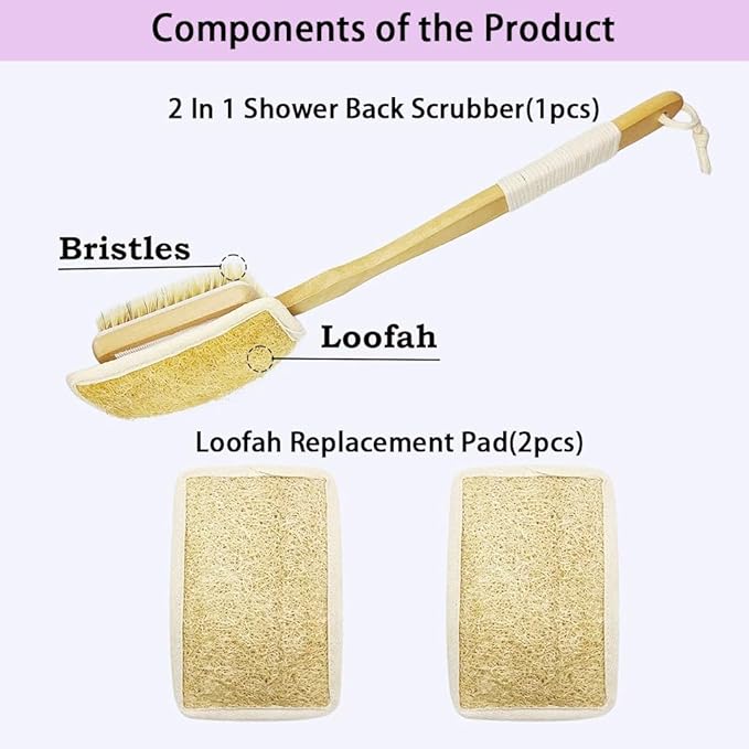 Shower Body Brush with Bristles and Loofah,Back Scrubber for Shower for Bath or Dry Brush,Back exfoliating Body Scrubber Shower Scrub Brush Long Handle for Women and Men