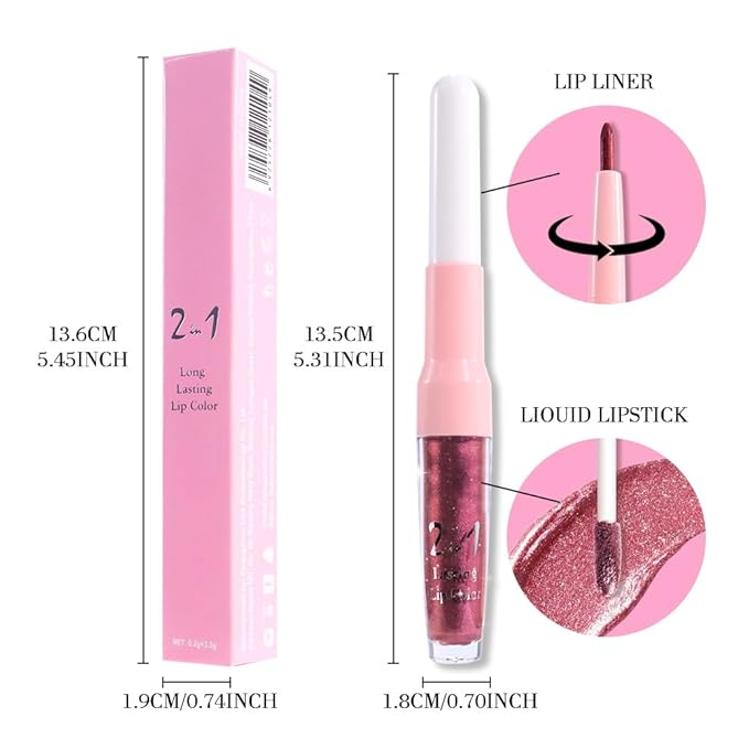 evpct Light Plum Red Metallic Glitter Lip Liner and Lipstick Combo Lip Gloss Stain Set Makeup for Women Long Lasting Waterproof 24, Non Stick Cup Metal Shine Shiny Shimmer Iridescent Liquid Lipstick