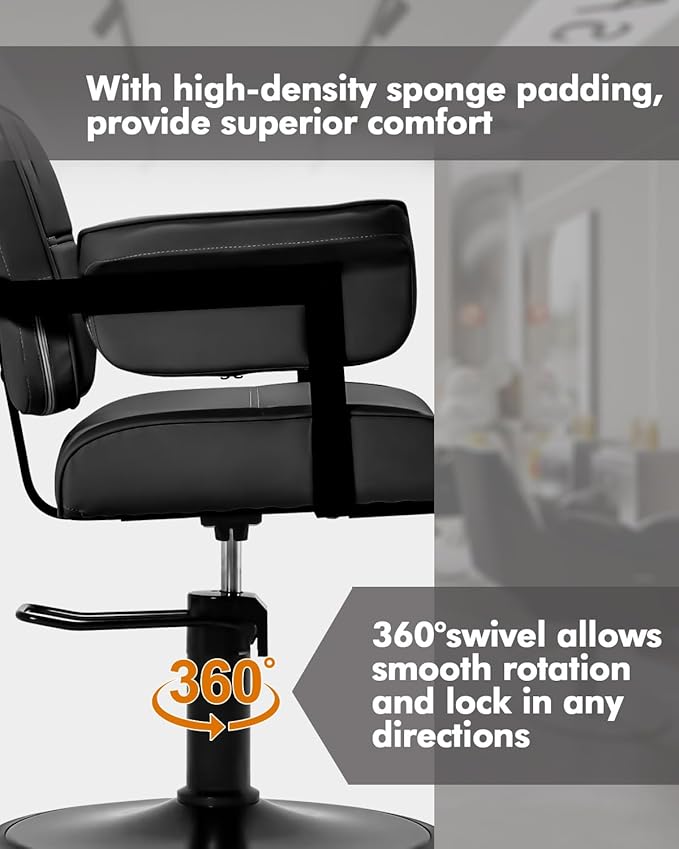 Barber Salon Chair, Extra Wide Hair Styling Chair with Heavy Duty Hydraulic Pump, 360° Swivel Height Adjustable Braiding Design, Luxury Beauty Salon and Barbershop Equipment, Black