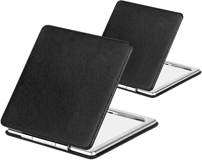 2pcs Compact Makeup Mirror for Pocket Purse Handbag, 1x/2x Magnifying Foldable Cosmetic Mirror, Portable Travel Vanity Mirror for Beauty, Black Classic Vanity Mirror for Men Women
